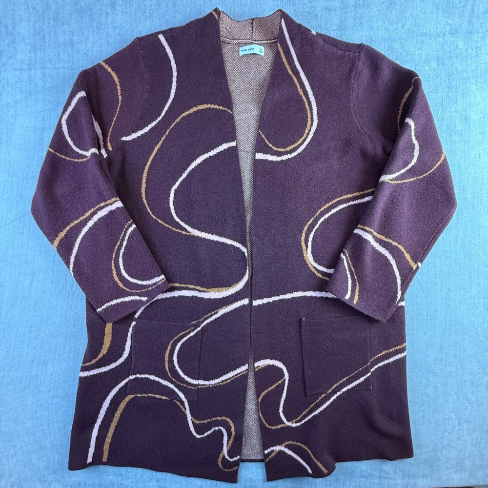 Nine‎ West Womens XXL Open Front Cardigan Sweater Purple Abstract Swirl Pockets